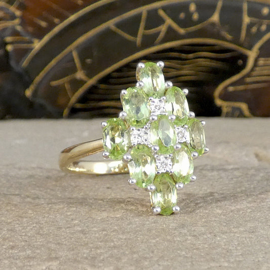 A bright and beautiful Peridot and Diamond Cluster Cocktail Dress Ring filly set in 9ct Yellow Gold
