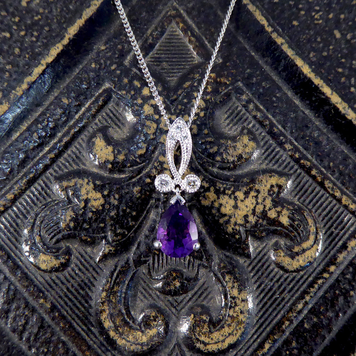 Art Deco Inspired Pear Shaped Amethyst Drop Necklace with Diamonds set in 18ct White Gold