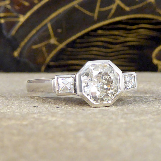 Old European and French Cut Diamond Octagon Design Three Stone Ring in Platinum - Wharfedale Antiques