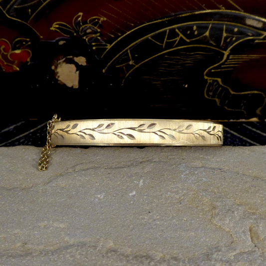Vintage Yellow Gold Matt Brush Leaf Detailed Bangle C1977 - Wharfedale Antiques