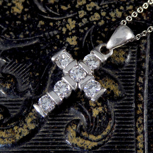 Diamond Set Cross Pendant Necklace in 18ct White Gold - Wharfedale Antiques