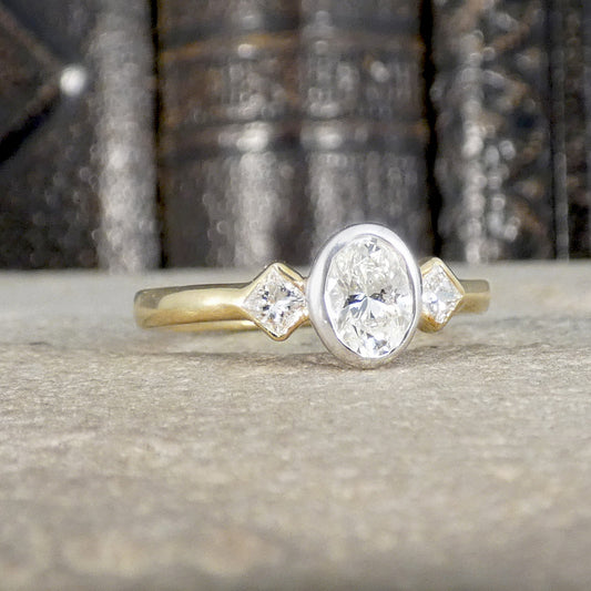 Oval and Princess Cut Diamond Three Stone Ring in 18ct White and Yellow Gold