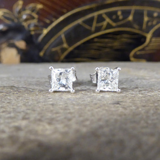 Princess Cut Diamond Stud Earrings Weighing 0.91ct in 18ct White Gold - Wharfedale Antiques