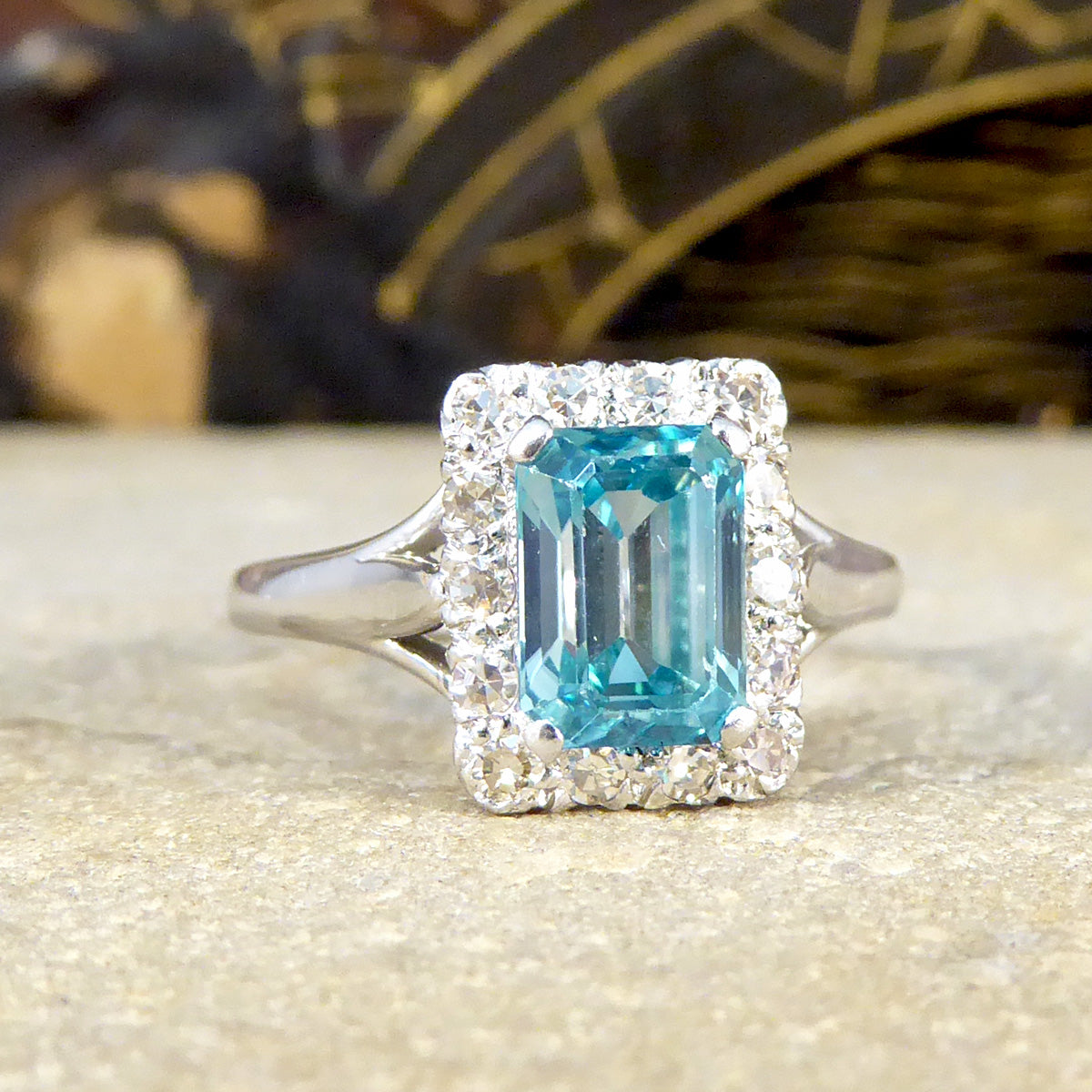 Blue Zircon and Diamond Cluster ring in 18ct White Gold and Platinum