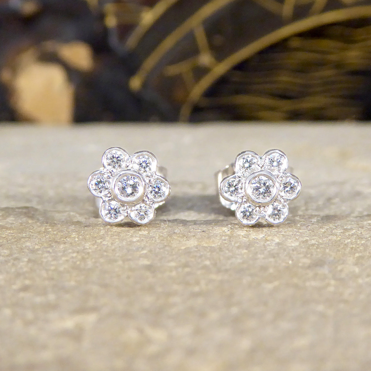Diamond Flower Cluster Stud Earrings in 18ct White Gold - Wharfedale Antiques