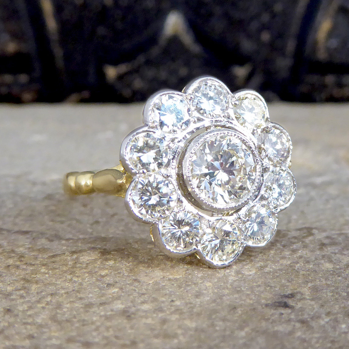 1.85ct Diamond Daisy Halo Cluster Ring set in 18ct Yellow Gold and Platinum