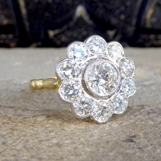 1.85ct Diamond Daisy Halo Cluster Ring set in 18ct Yellow Gold and Platinum - Wharfedale Antiques