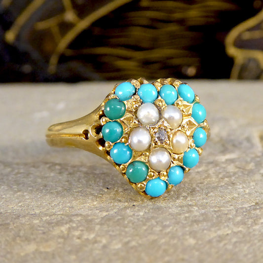 Victorian Heart Shaped Turquoise Seed Pearl and Diamond Cluster Ring in 18ct Yellow Gold - Wharfedale Antiques