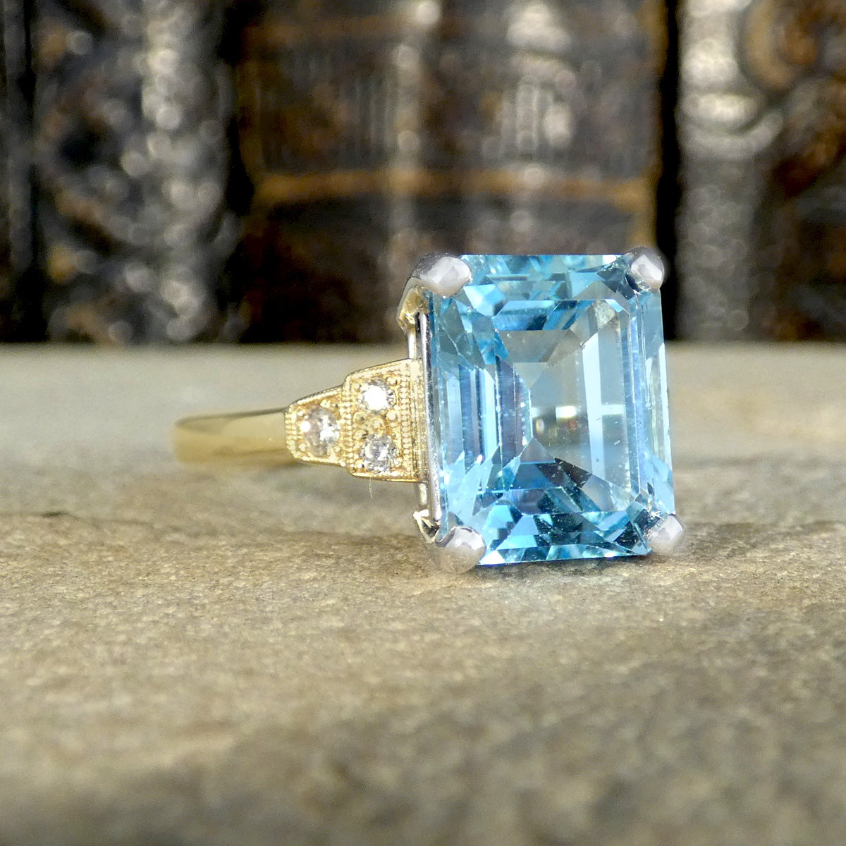 Art Deco Inspired 4.19ct Blue Topaz and Diamond Ring in White and Yellow Gold - Wharfedale Antiques