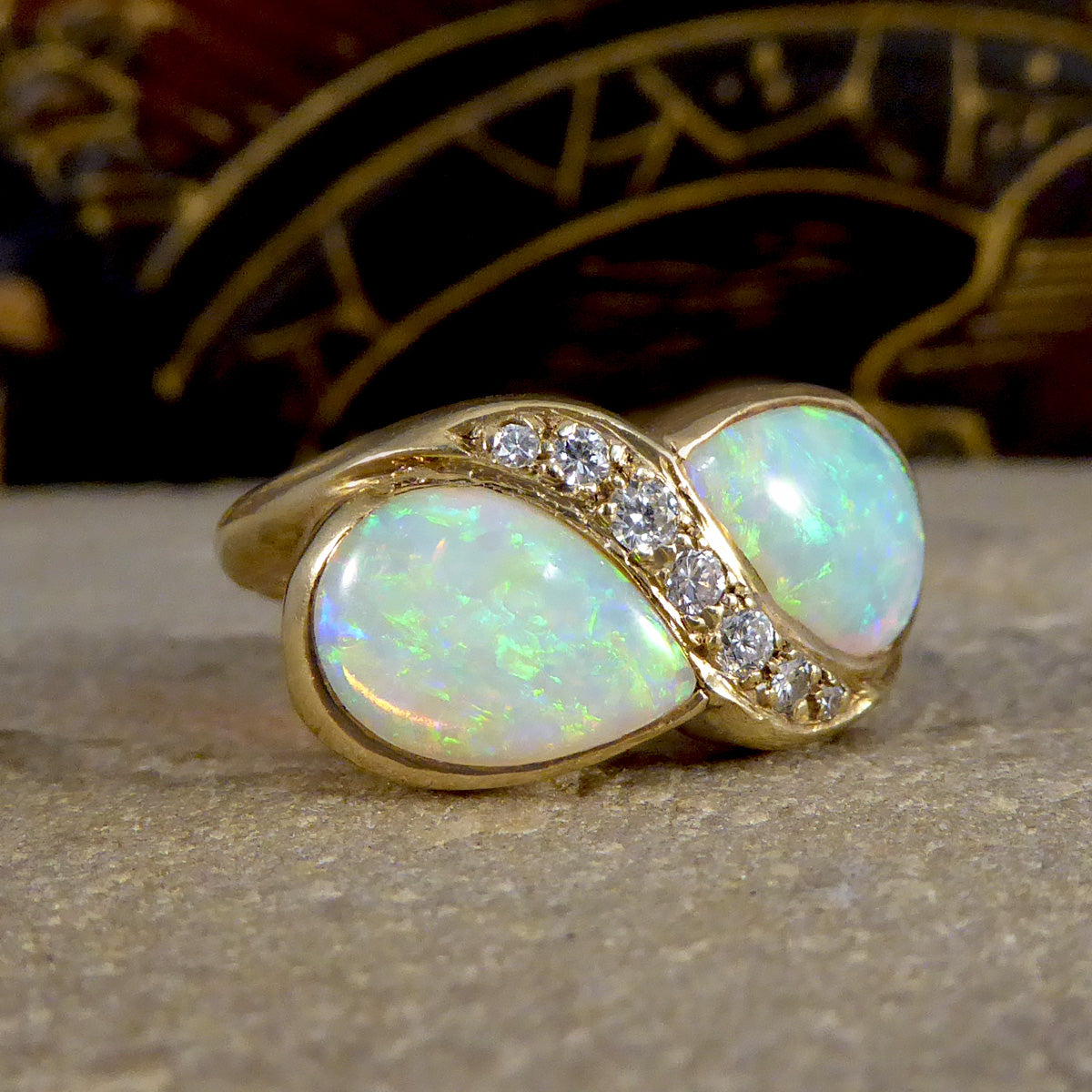 Vintage Pear Cut Opal and Diamond Toi Et Moi Style Ring in Yellow Gold