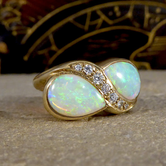 Vintage Pear Cut Opal and Diamond Toi Et Moi Style Ring in Yellow Gold - Wharfedale Antiques