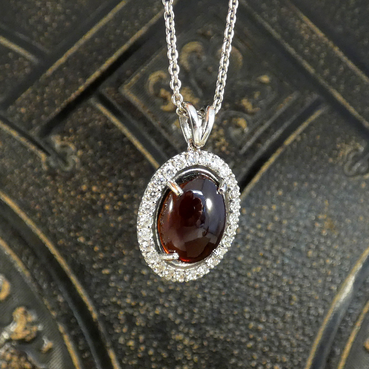 Cabochon Garnet and Diamond Halo Pendant Necklace in 18ct White Gold - Wharfedale Antiques