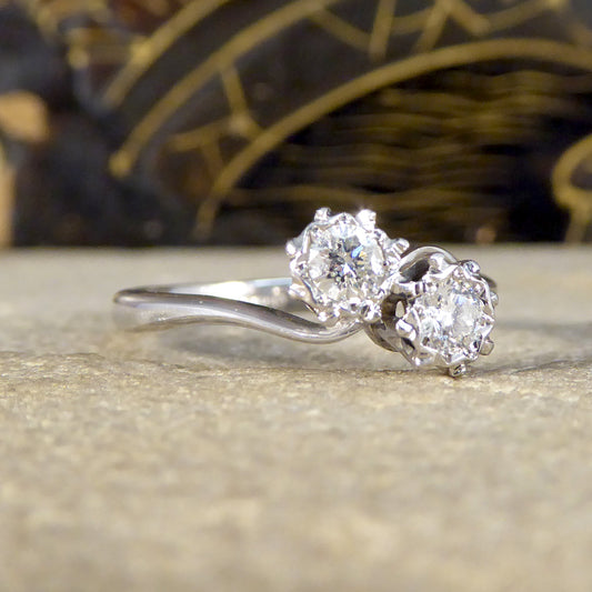 Vintage C1978 Diamond Toi Et Moi Illusion Set Twist Ring in 18ct White Gold - Wharfedale Antiques