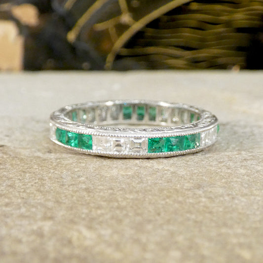 A gorgeous art deco style emerald and diamond ring in Platinum the perfect gift.