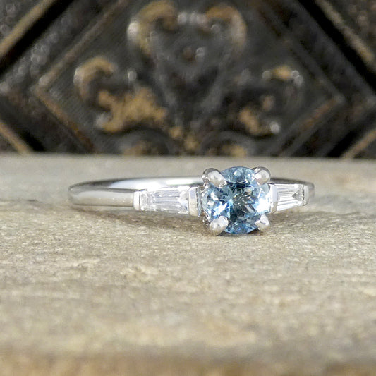 Aquamarine Solitaire with Tapered Baguette Diamond Shoulders in 18ct White Gold - Wharfedale Antiques