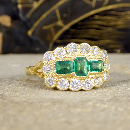 Antique Style Emerald and Diamond Boat Ring in 18ct Yellow Gold - Wharfedale Antiques