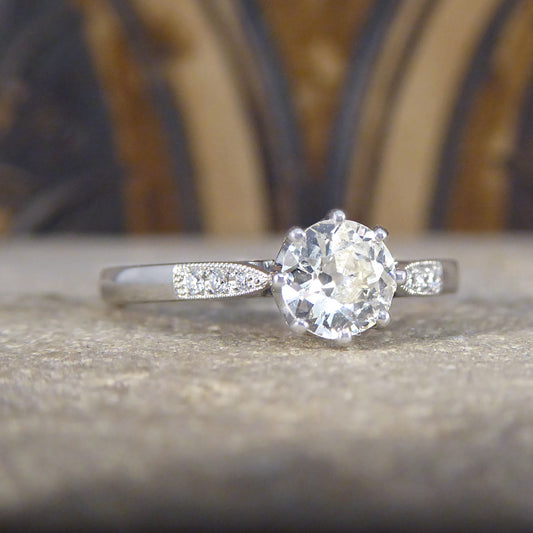 0.53ct Old Cut Diamond Solitaire with Diamond Shoulders in Platinum - Wharfedale Antiques