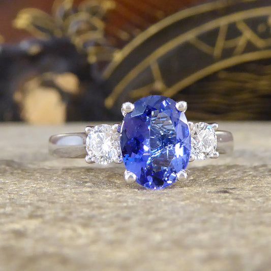 Tanzanite and Diamond Three Stone Ring in 18ct White Gold - Wharfedale Antiques