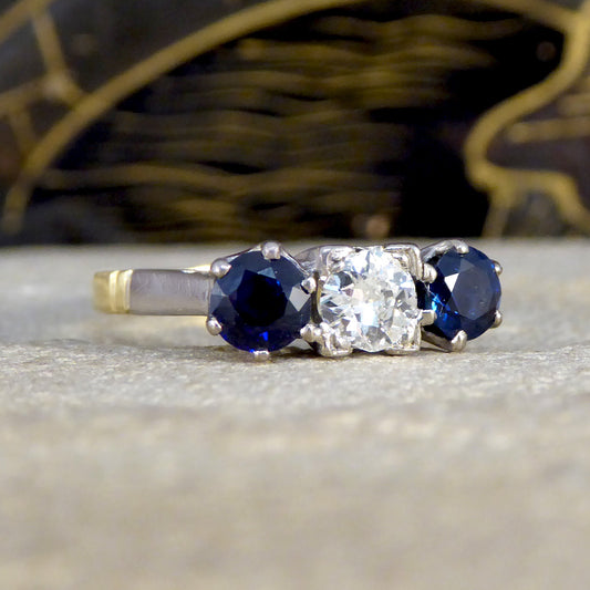 Vintage Sapphire and Diamond Three Stone Ring in 18ct Yellow Gold - Wharfedale Antiques