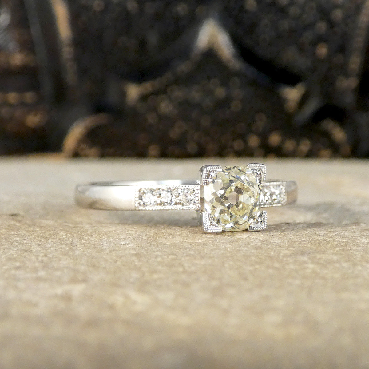 Champagne Old Cushion Cut Diamond Solitaire with Diamond set Shoulders in Platinum - Wharfedale Antiques