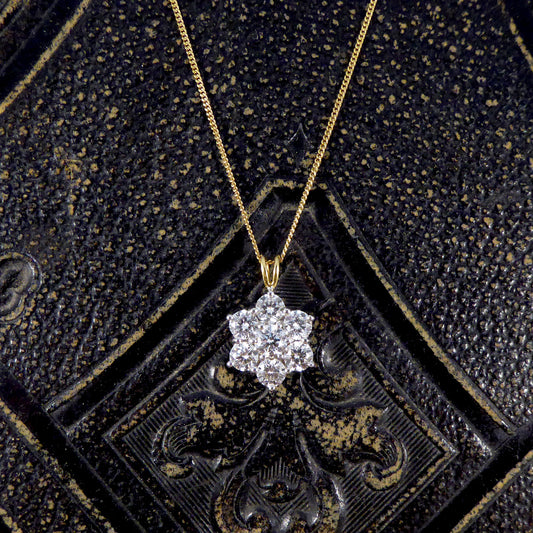 2.30ct Diamond Daisy Cluster Pendant Necklace in 18ct White and Yellow Gold - Wharfedale Antiques