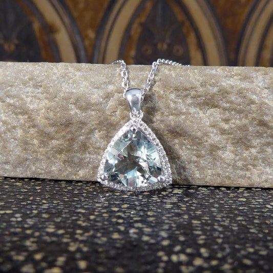 Majestic Trillion Cut Green Amethyst and Diamond Halo Pendant Necklace in White Gold - Wharfedale Antiques