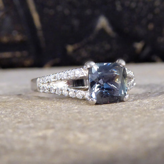Teal Sapphire and Diamond set Split Shoulders in Platinum - Wharfedale Antiques
