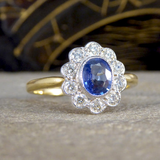 Vintage Sapphire and Diamond Cluster Ring in 18ct Yellow and White Gold - Wharfedale Antiques