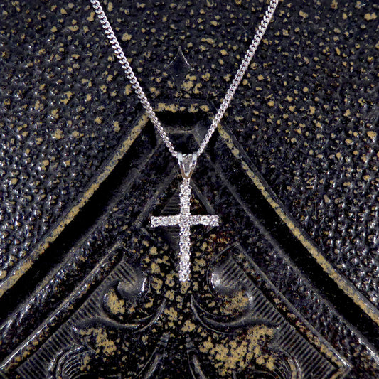 Diamond Cross Necklace in 18ct White Gold on 16inch 18ct White Gold Chain - Wharfedale Antiques