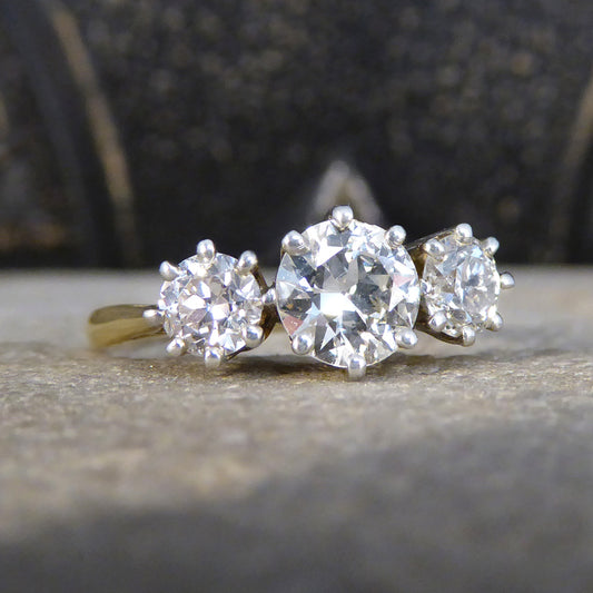 C1920's Diamond Three Stone 1.57ct Diamond Ring in 18ct Yellow Gold and Platinum - Wharfedale Antiques