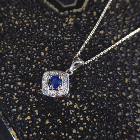 Ceylon Sapphire and Diamond Cluster Pendant Necklace in White Gold - Wharfedale Antiques