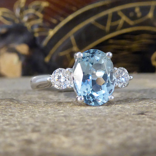 Classic 1.93ct Oval Cut Aquamarine and Diamond Three Stone Ring in Platinum - Wharfedale Antiques