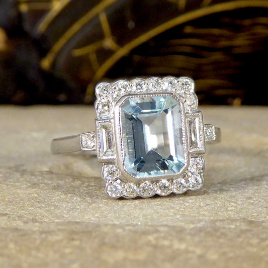Art Deco Inspired Aquamarine and Diamond Cluster Ring in Platinum - Wharfedale Antiques