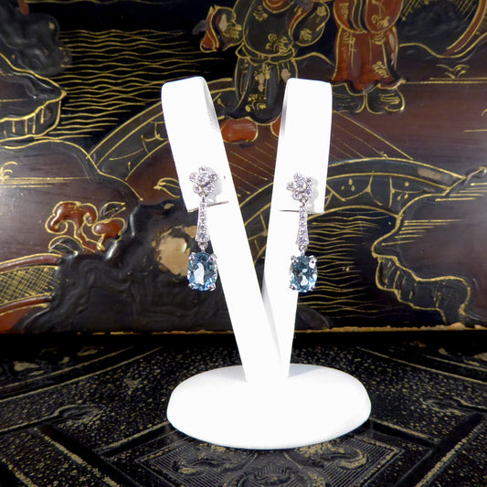 Aquamarine and Diamond Belle Epoque Inspired Drop Earrings in 18ct White Gold - Wharfedale Antiques