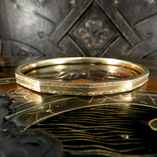 C1928 Detailed 9ct Yellow Gold Solid Slave Bangle - Wharfedale Antiques
