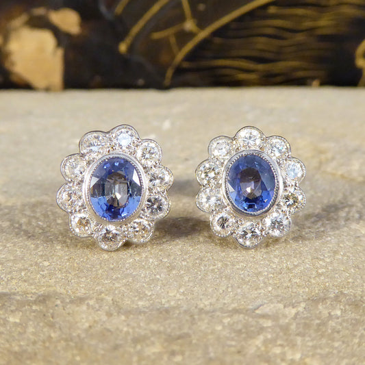 Edwardian Inspired Sapphire and Diamond Cluster Earrings in 18ct Gold - Wharfedale Antiques