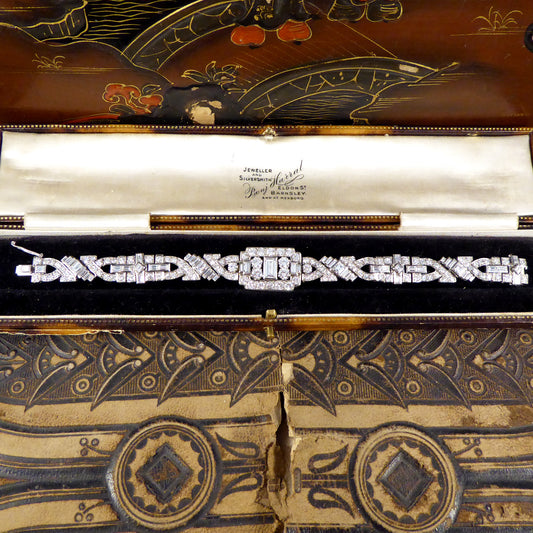 Art Deco 10.38ct Diamond Panel Bracelet in Platinum in Original Antique Box - Wharfedale Antiques