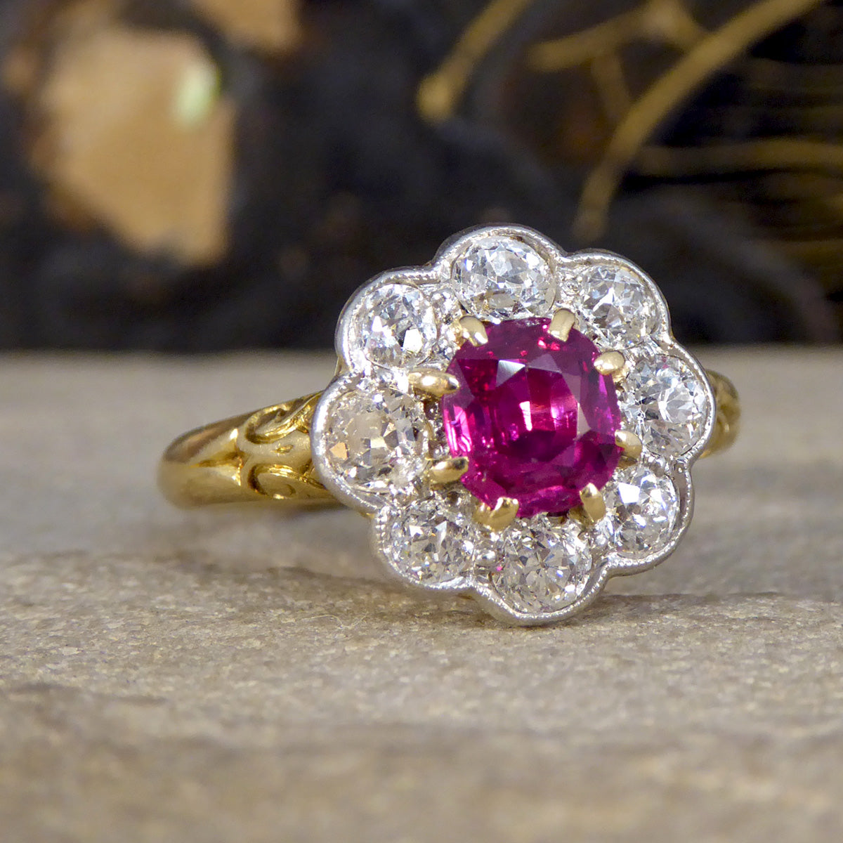 Late Victorian No Heat Burma Ruby and Diamond Cluster Ring in 18ct Yellow Gold