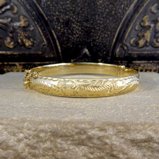 Vintage Yellow Gold Engraved Bangle with Safety Chain - Wharfedale Antiques