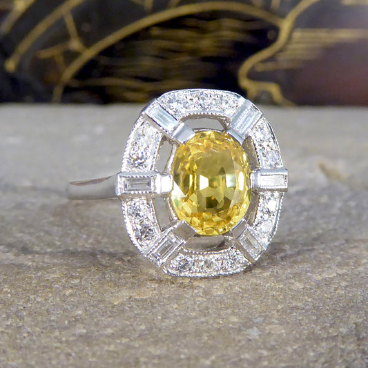 Art Deco Inspired Yellow Sapphire and Diamond Sunshine Cluster Ring in Platinum - Wharfedale Antiques