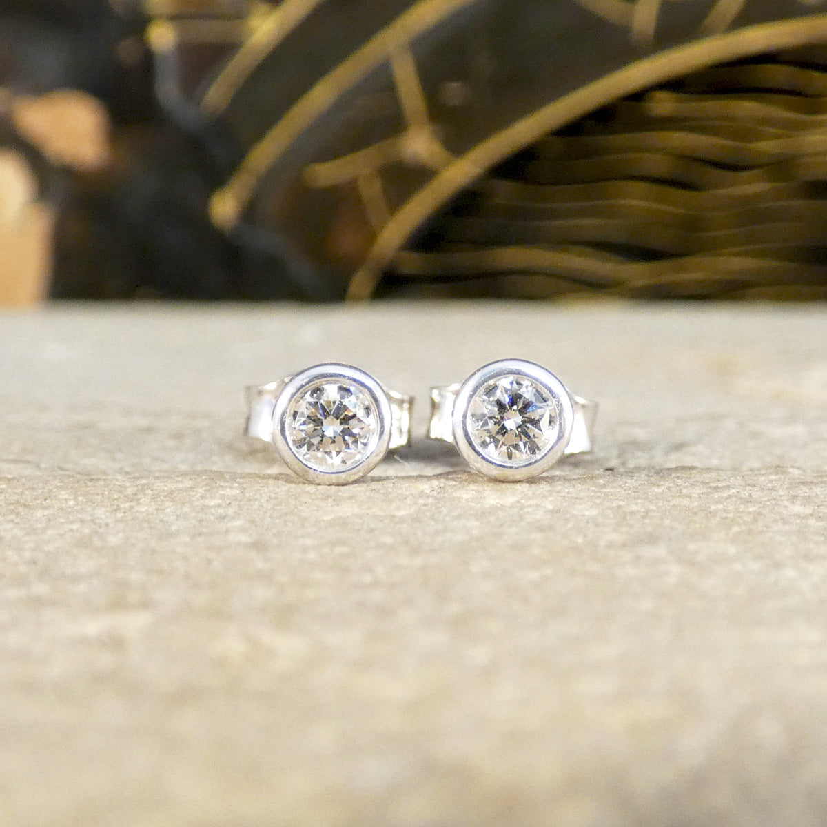 Bezel Set Diamond Stud Earrings in White Gold - Wharfedale Antiques