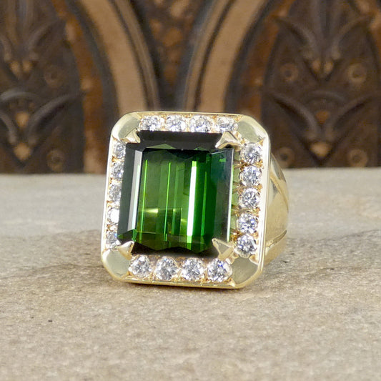 Vibrant Green Tourmaline signet ring with a sparkle cluster edge with talon claws