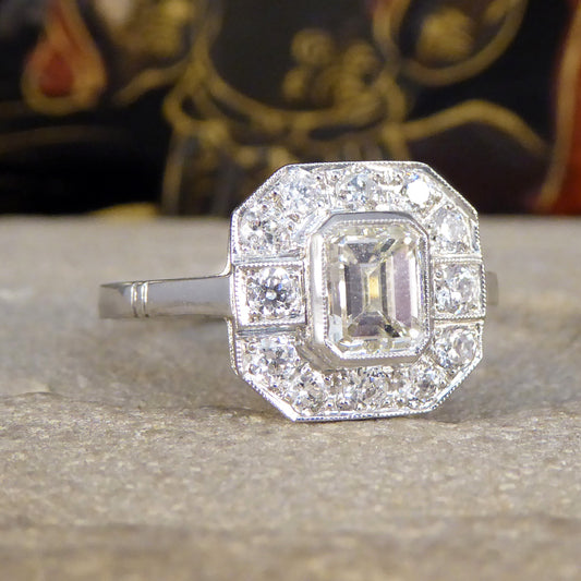 Art Deco Inspired Emerald Cut Diamond Cluster Ring in Platinum - Wharfedale Antiques