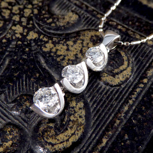 Diamond Graduating Three Stone Drop Pendant Necklace in 18ct White Gold - Wharfedale Antiques