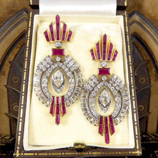 1960's Ruby and Diamond Drop Cocktail Dress Earrings in 18ct Gold and Platinum - Wharfedale Antiques