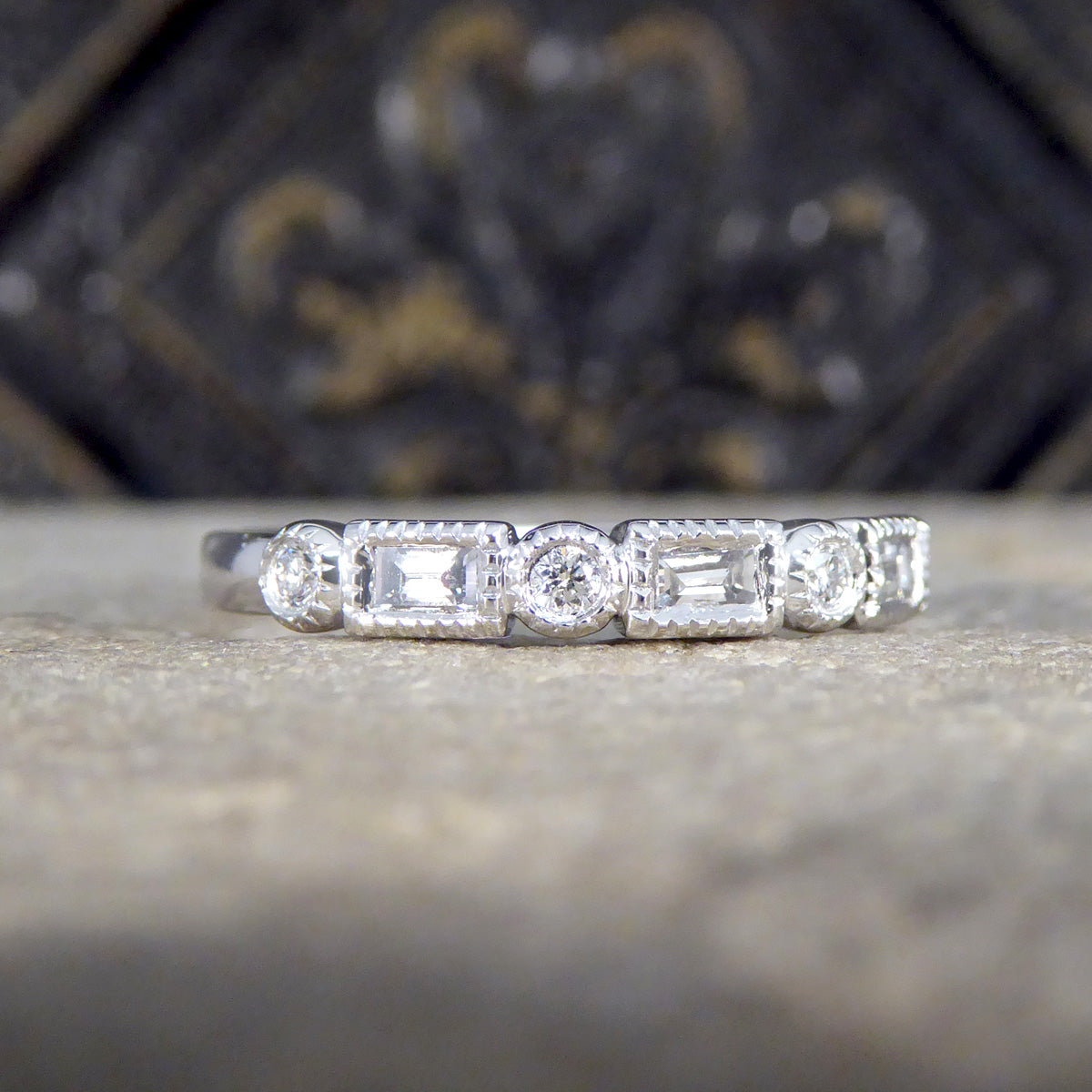 Baguette and Brilliant Cut Diamond Half Eternity Band in Platinum - Wharfedale Antiques