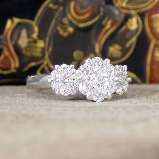 Diamond Triple Daisy Cluster Illusion Three Stone Ring in Platinum - Wharfedale Antiques