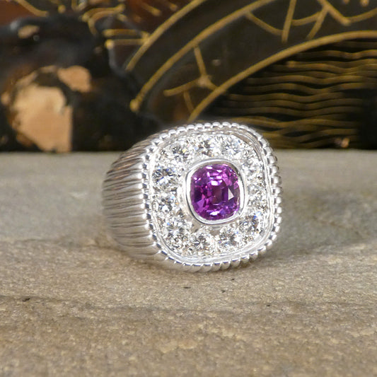 Chunky French Signet Ring with a Pink Sapphire and Diamond Cluster in Platinum - Wharfedale Antiques