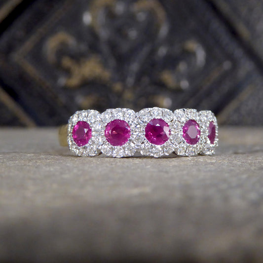 Ruby and Diamond Sextuple Cluster Ring in 18ct Yellow and White Gold - Wharfedale Antiques