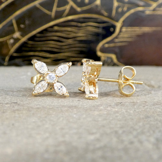 Marquise Diamond Set Cross Stud Earrings in 18ct Yellow Gold - Wharfedale Antiques